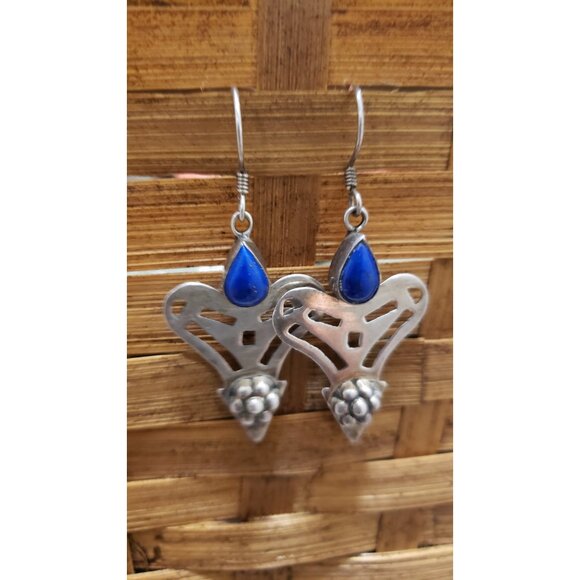 Vintage Silver Dangle Heart Shape Earrings With Lapis Lazuli S - Picture 6 of 10
